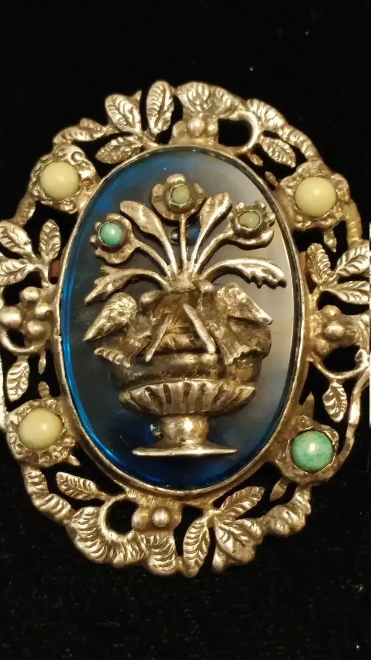Old Mexican Silver Turquoise Planter Brooch Figural Doves Love Birds Pre 1970's